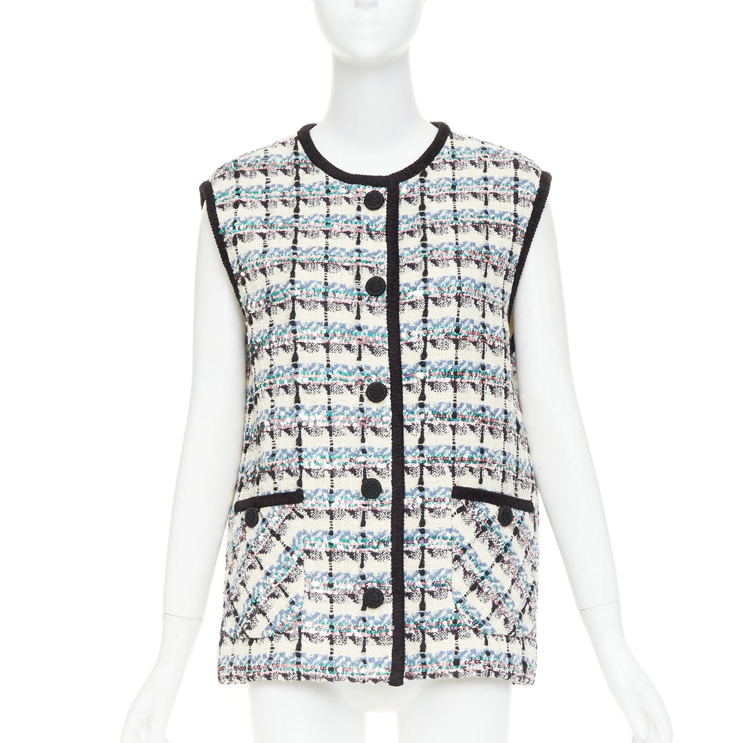 VALENTINO 2024 Mossi cream blue rose multicolour sequin tweed gilet vest  IT42 M