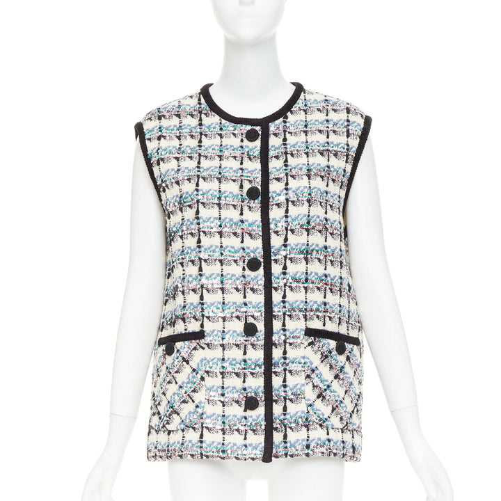 VALENTINO 2024 Mossi cream blue rose multicolour sequin tweed gilet vest  IT42 M