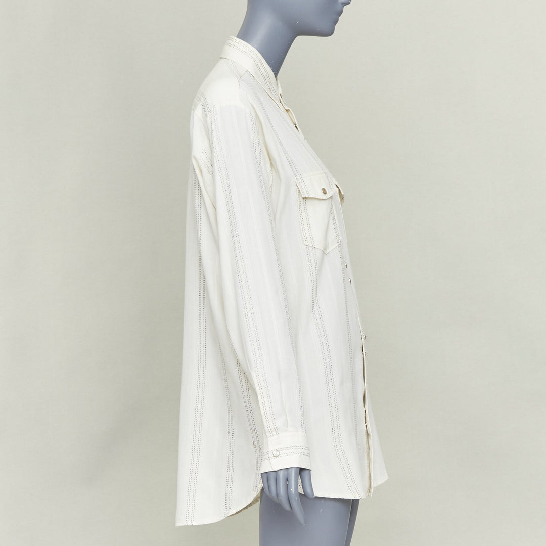 SAINT LAURENT 2019 cream modal blend gold metallic stripe weaved western shirt S