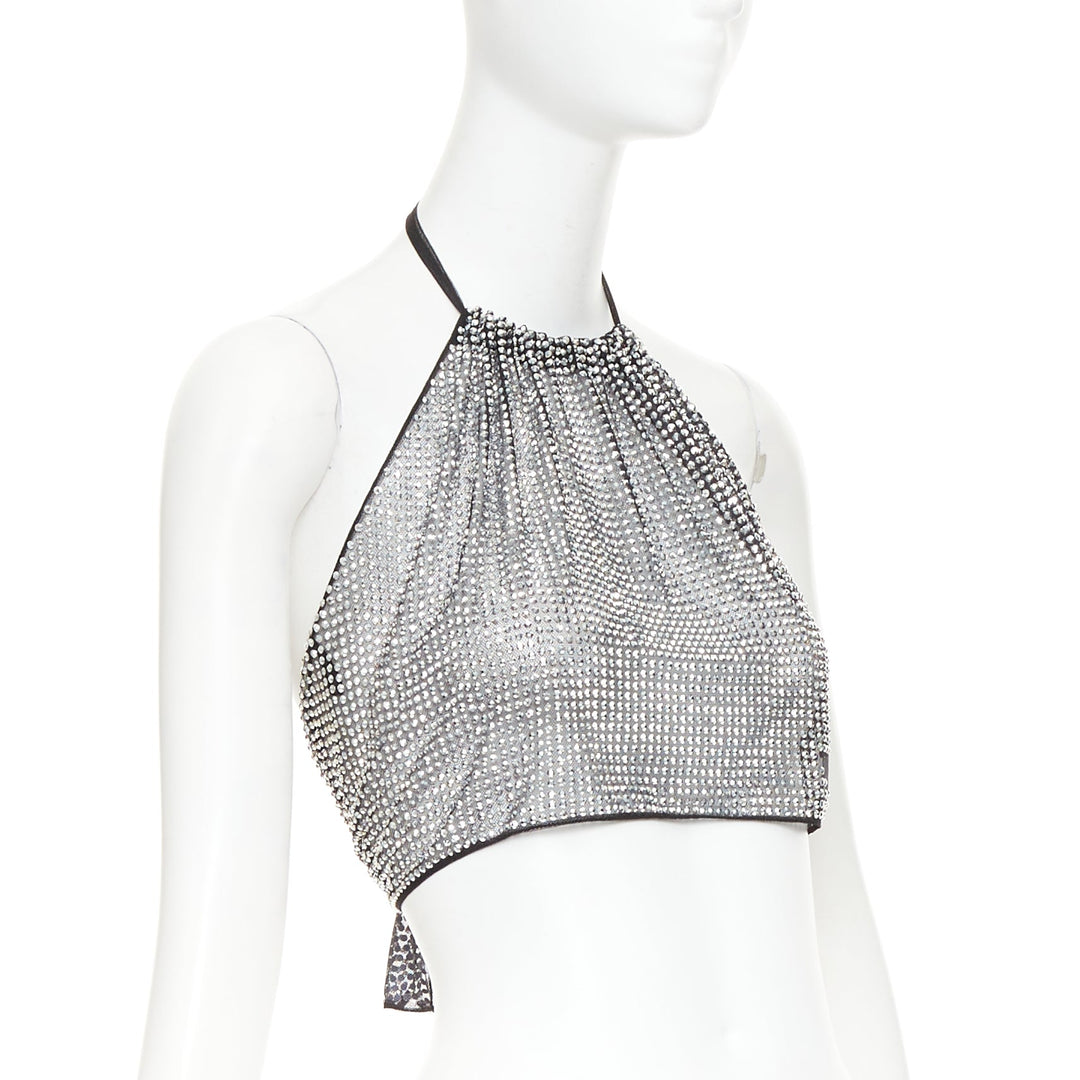 PRADA 2021 silver crystal rhinestone mesh halter neck crop top IT36 XXS