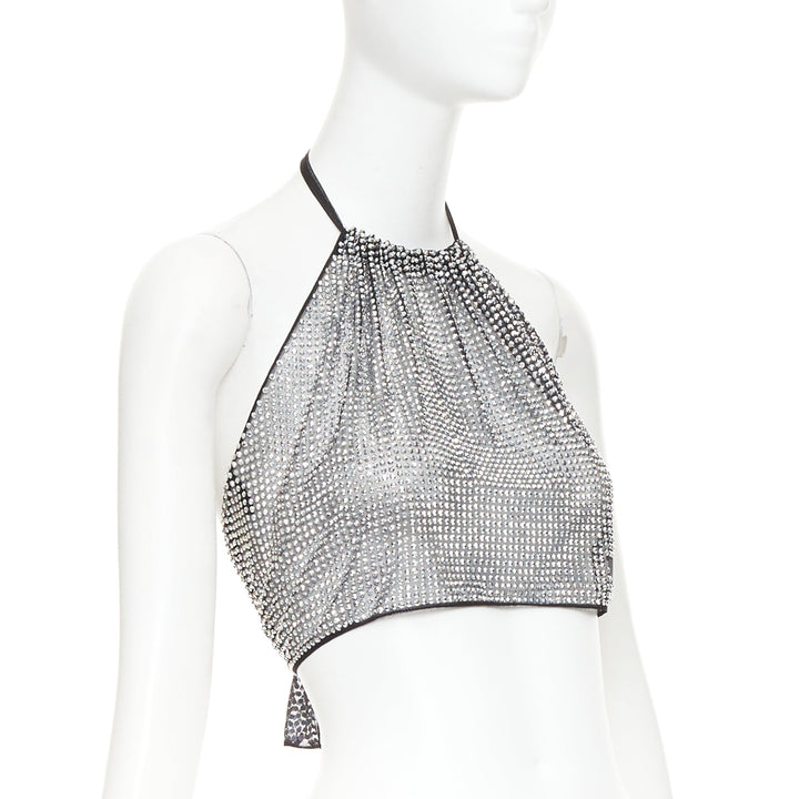 PRADA 2021 silver crystal rhinestone mesh halter neck crop top IT36 XXS