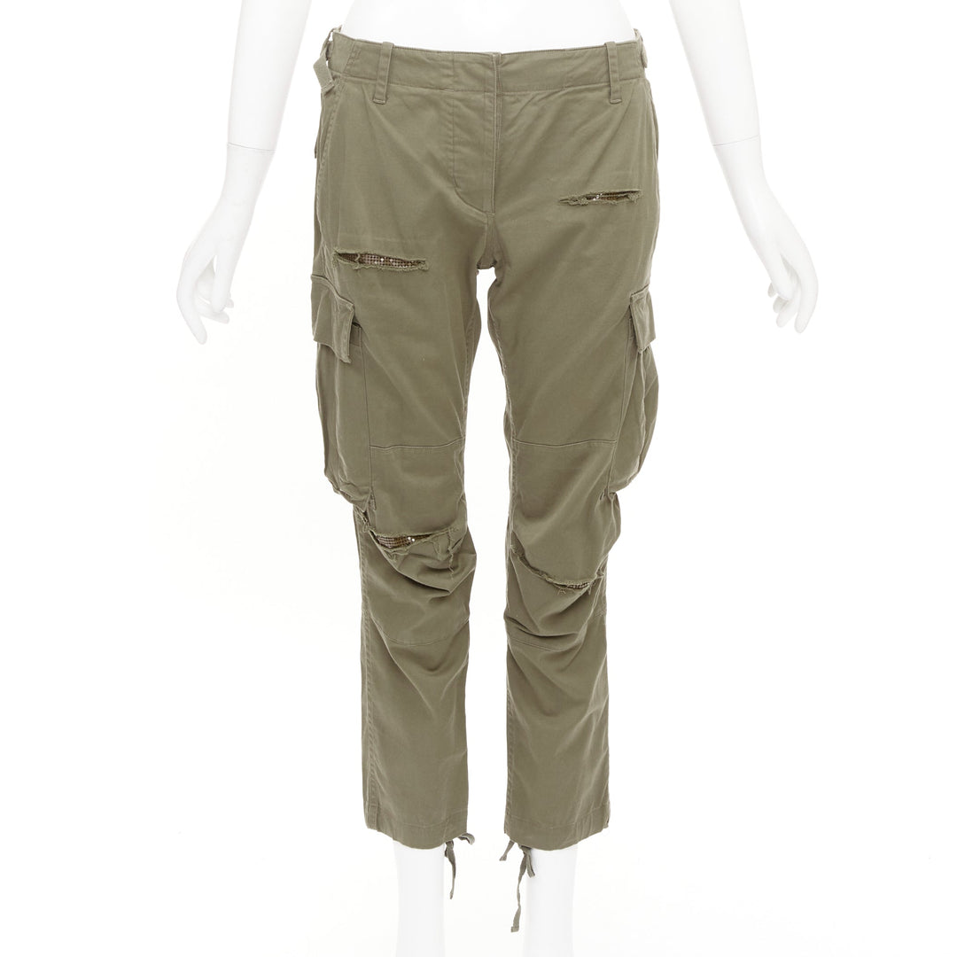 BALMAIN khaki cotton blend ripped chainmail details low waist cargo pants FR36 S
