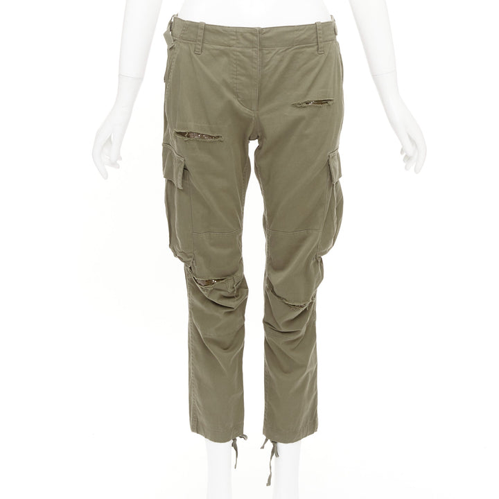 BALMAIN khaki cotton blend ripped chainmail details low waist cargo pants FR36 S