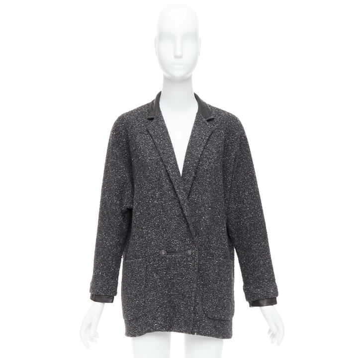 RAG & BONE grey speckle virgin wool blend black leather collar coat US2 S