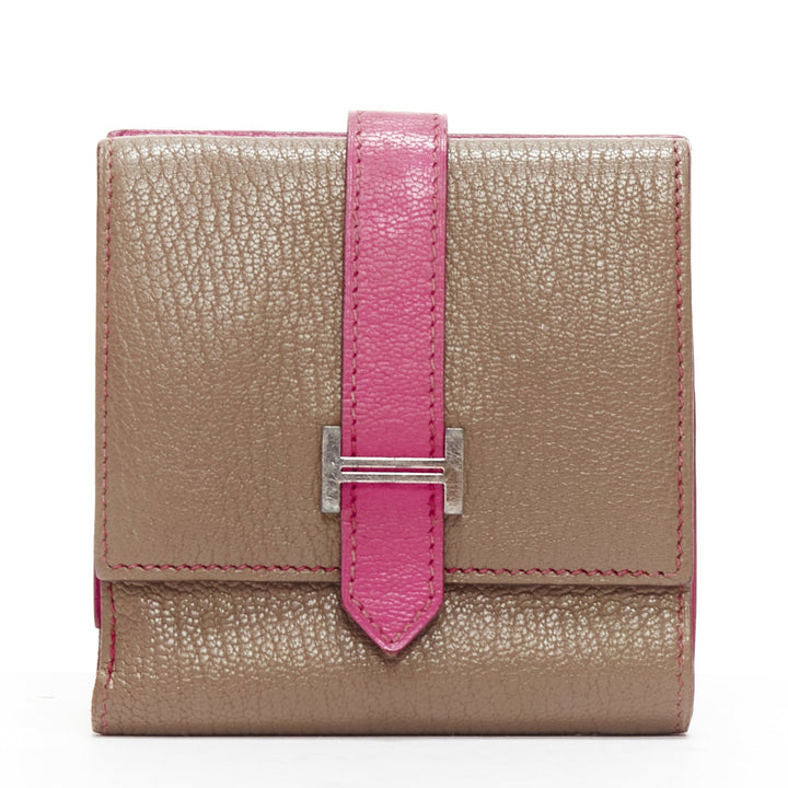HERMES Bearn taupe pink leather H logo strap bifold square wallet