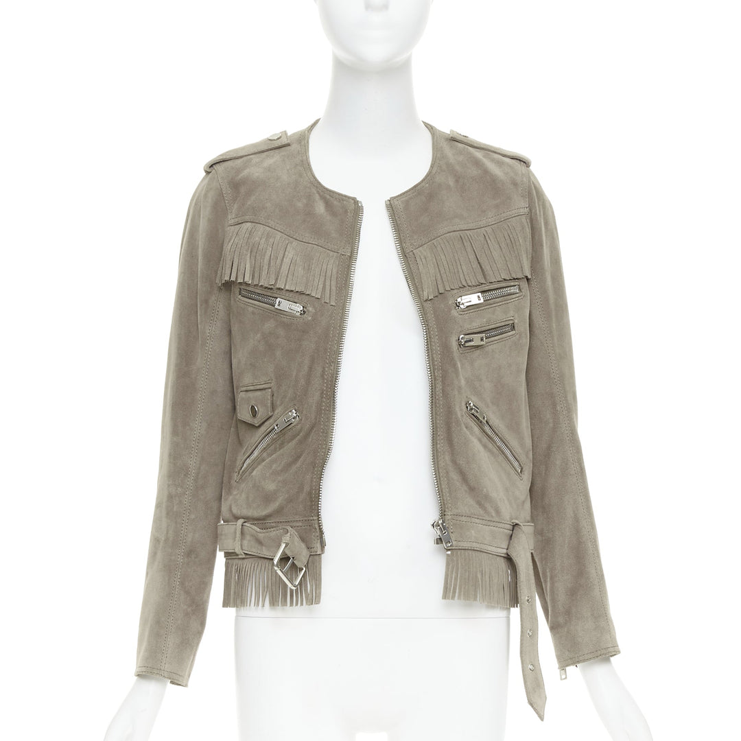 THE KOOPLES taupe cow suede leather western fringe belted biker jacket M