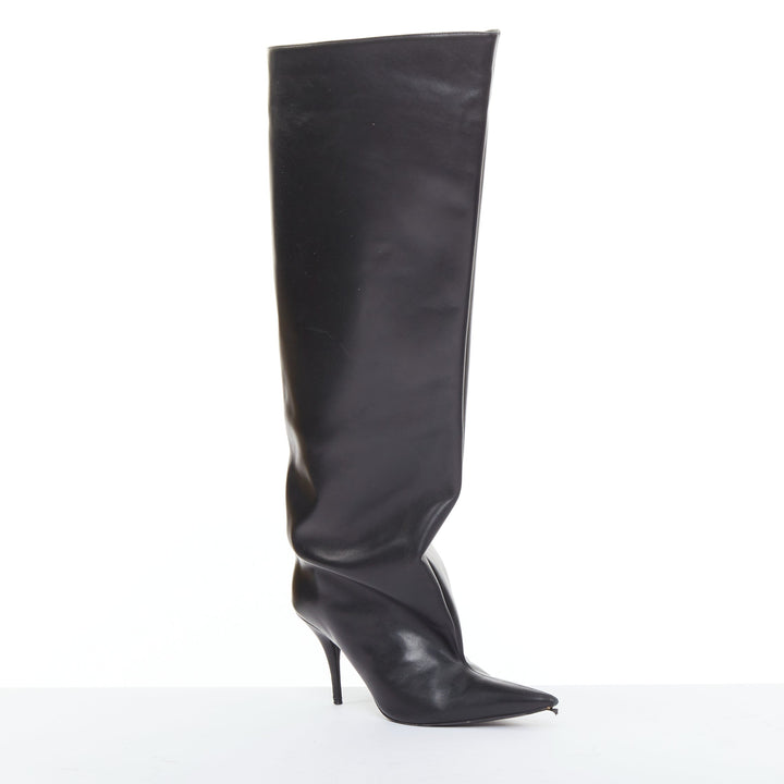 BALENCIAGA 2022 Runway Waders 90mm black leather flared shaft pointy boots EU