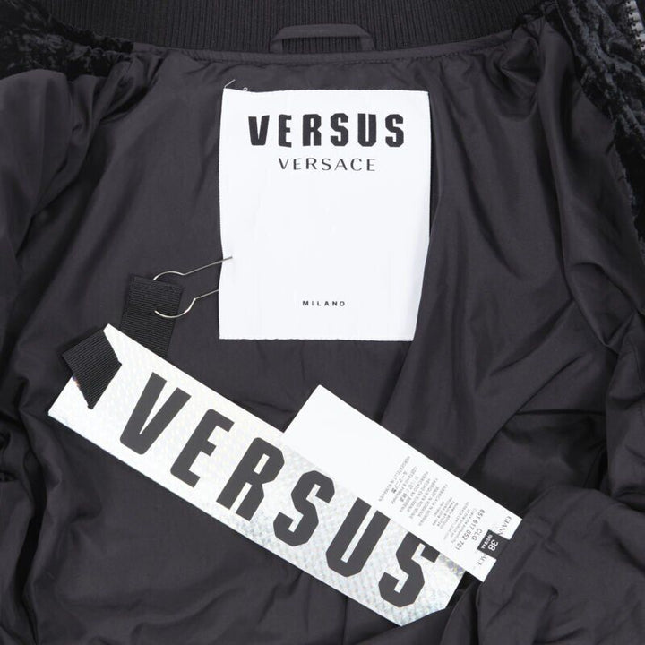 VERSUS VERSACE embroidery black crushed velvet belted puffer jacket IT38
