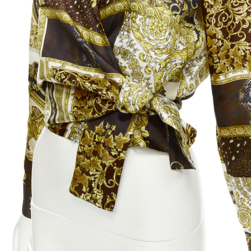 VERSACE 2021 Mosaic Barocco 100% silk print wrap tie cropped shirt IT40 S