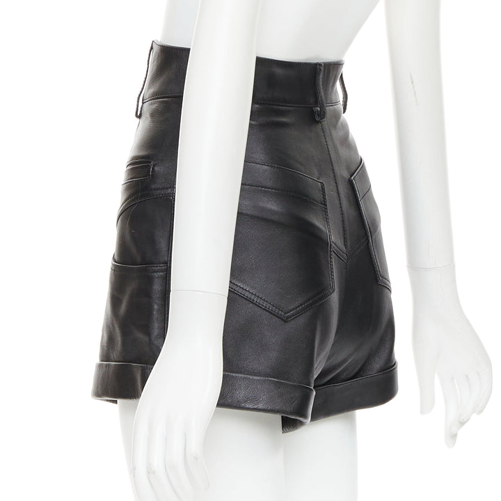 SAINT LAURENT 2019 black lambskin high waisted cuffed western shorts FR34 XS