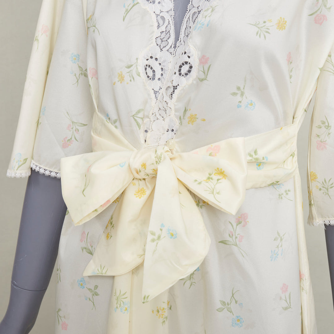 CHRISTIAN DIOR Vintage Sleepwear floral lace trim pastel yellow peignoir robe