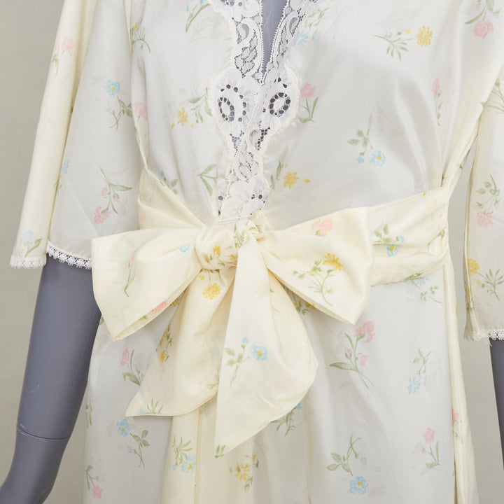 CHRISTIAN DIOR Vintage Sleepwear floral lace trim pastel yellow peignoir robe