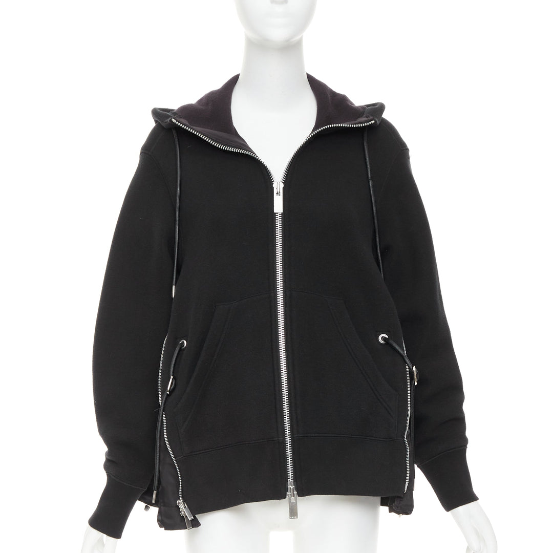 SACAI 2019 black cotton blend nylon side zip deconstructed hybrid hoodie JP2 M