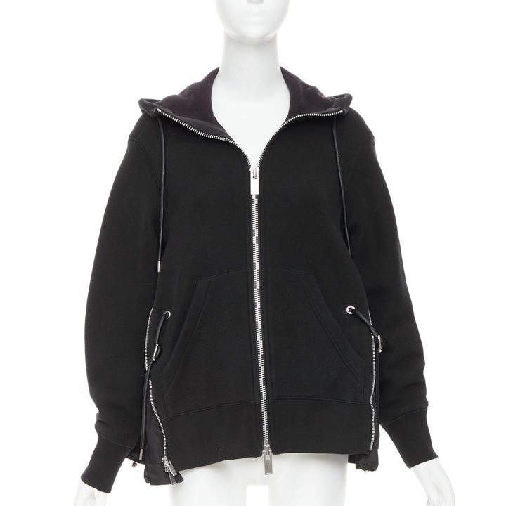 SACAI 2019 black cotton blend nylon side zip deconstructed hybrid hoodie JP2 M