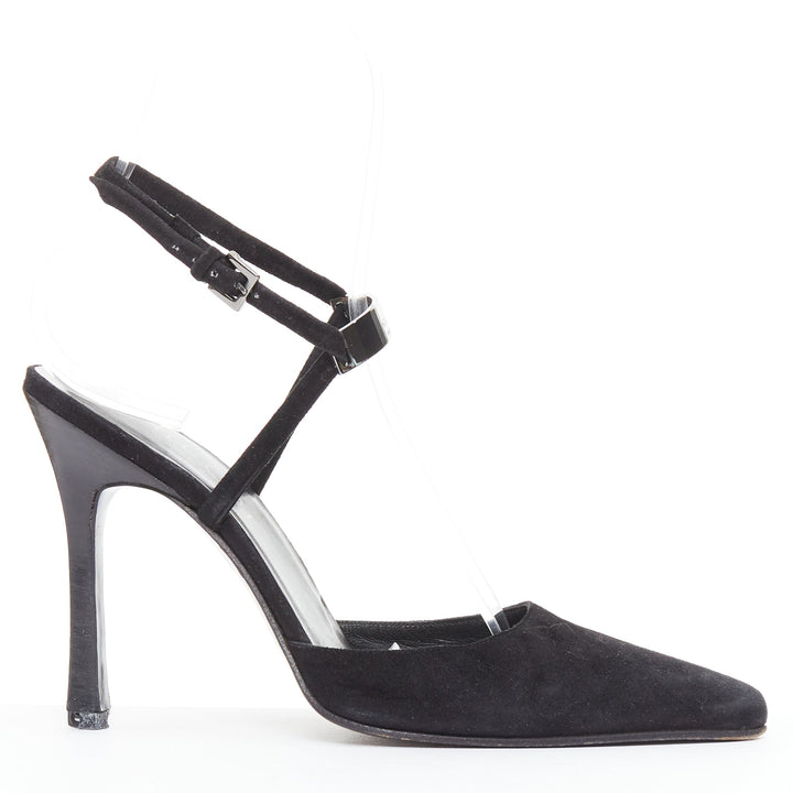 GUCCI Tom Ford Vintage black suede metal ID plate slingback pump EU36