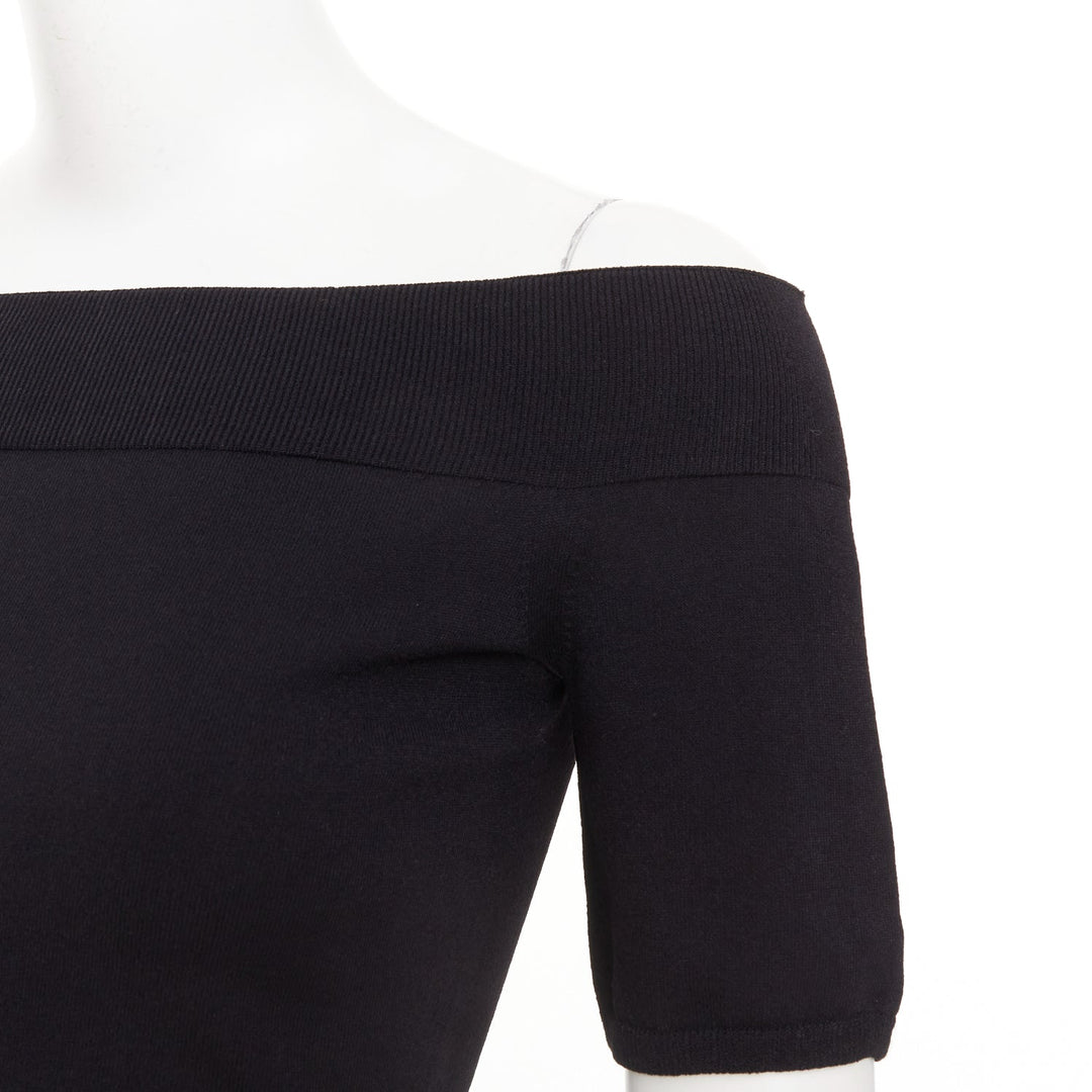ALEXANDER MCQUEEN black off shoulder ribbed knit half sleeves cropped sweater