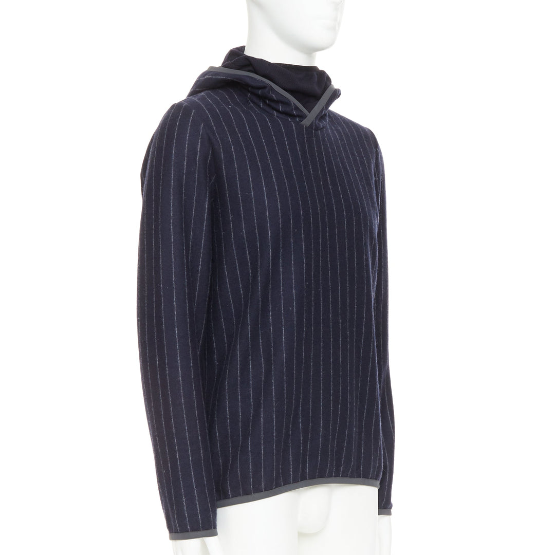 SEASE Drone Hood navy virgin wool cashmere pinstripe trimmed hoodie S