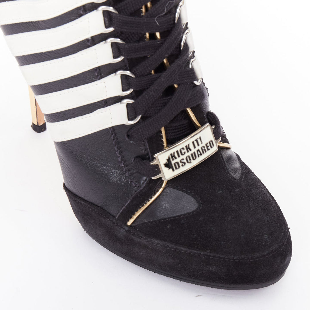 rare DSQUARED2 Vintage black white striped gold heel sneaker boots EU37