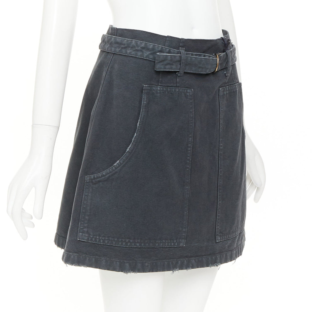PRADA 2023 grey washed distressed  denim cargo pocket belted mini skirt IT38 XS