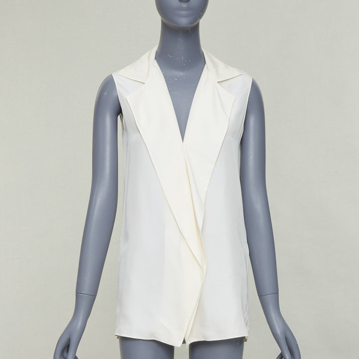 LANVIN 2015 cream silk wide lapel plunge neck sleeveless blouse top FR34 XS