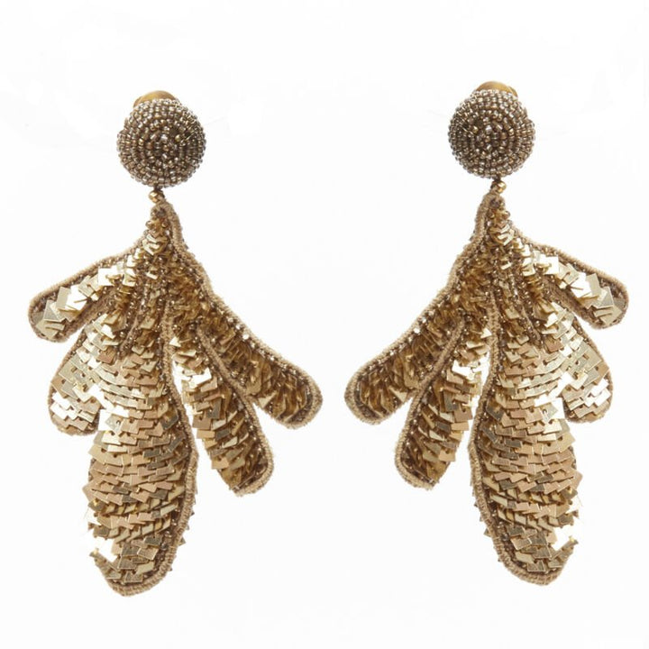 OSCAR DE LA RENTA gold sequin bead embellished leaf statement earring