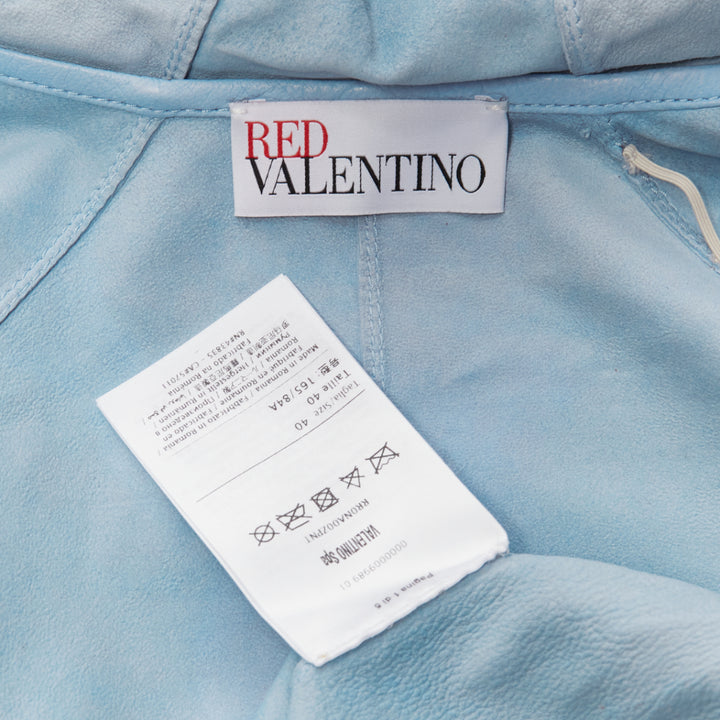 RED VALENTINO powder blue lambskin leather ruffle panel hoodie jacket IT40 S