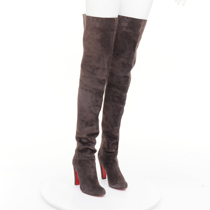 CHRISTIAN LOUBOUTIN charcoal grey suede block heeled thigh high boots EU37.5