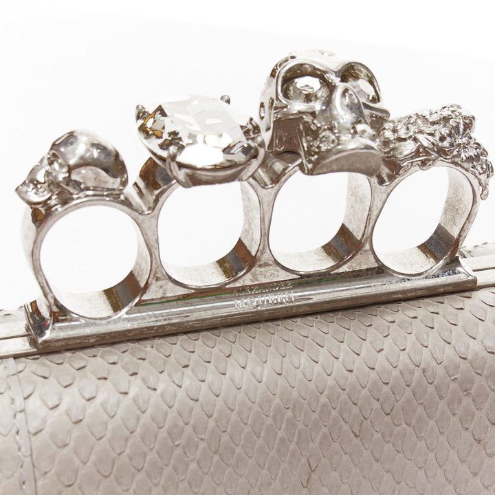 ALEXANDER MCQUEEN Knuckle Duster grey leather crystal skull 4 ring box clutch