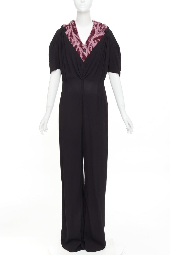 PRADA 2021 Runway pink sable jacquard wool knit trim pleated jumpsuit IT38 XS