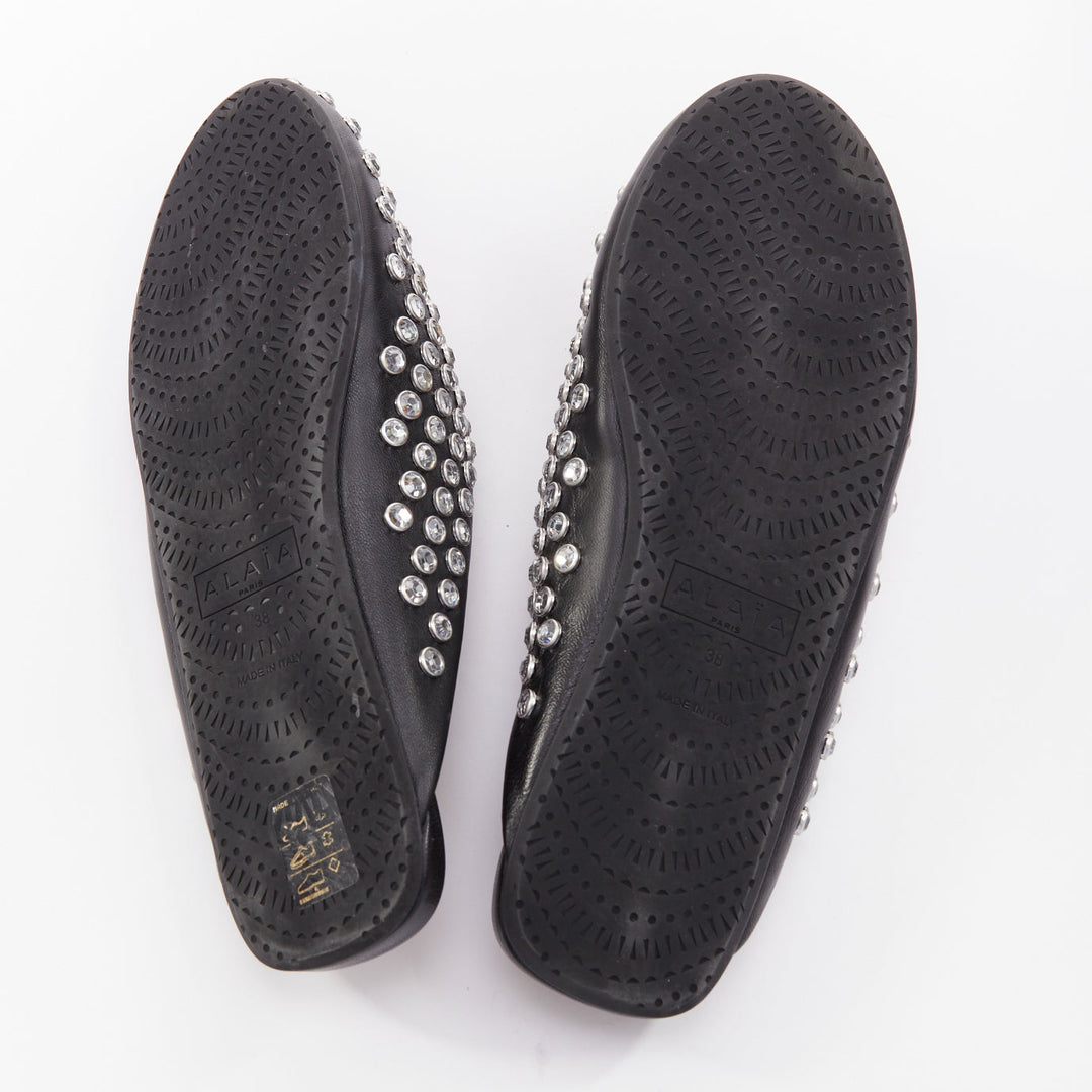 ALAIA Crystal Slide On black leather clear strass embellished flat mule EU38