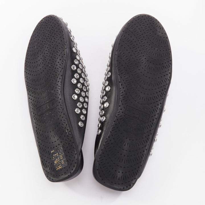 ALAIA Crystal Slide On black leather clear strass embellished flat mule EU38
