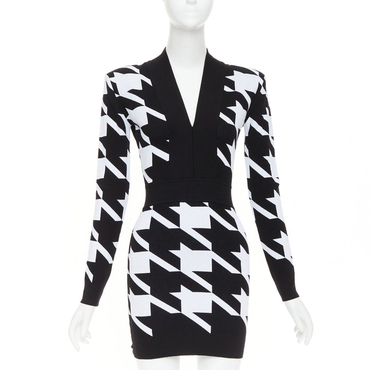 BALMAIN Houndstooth Mini black white bold print jacquard padded dress FR36 S