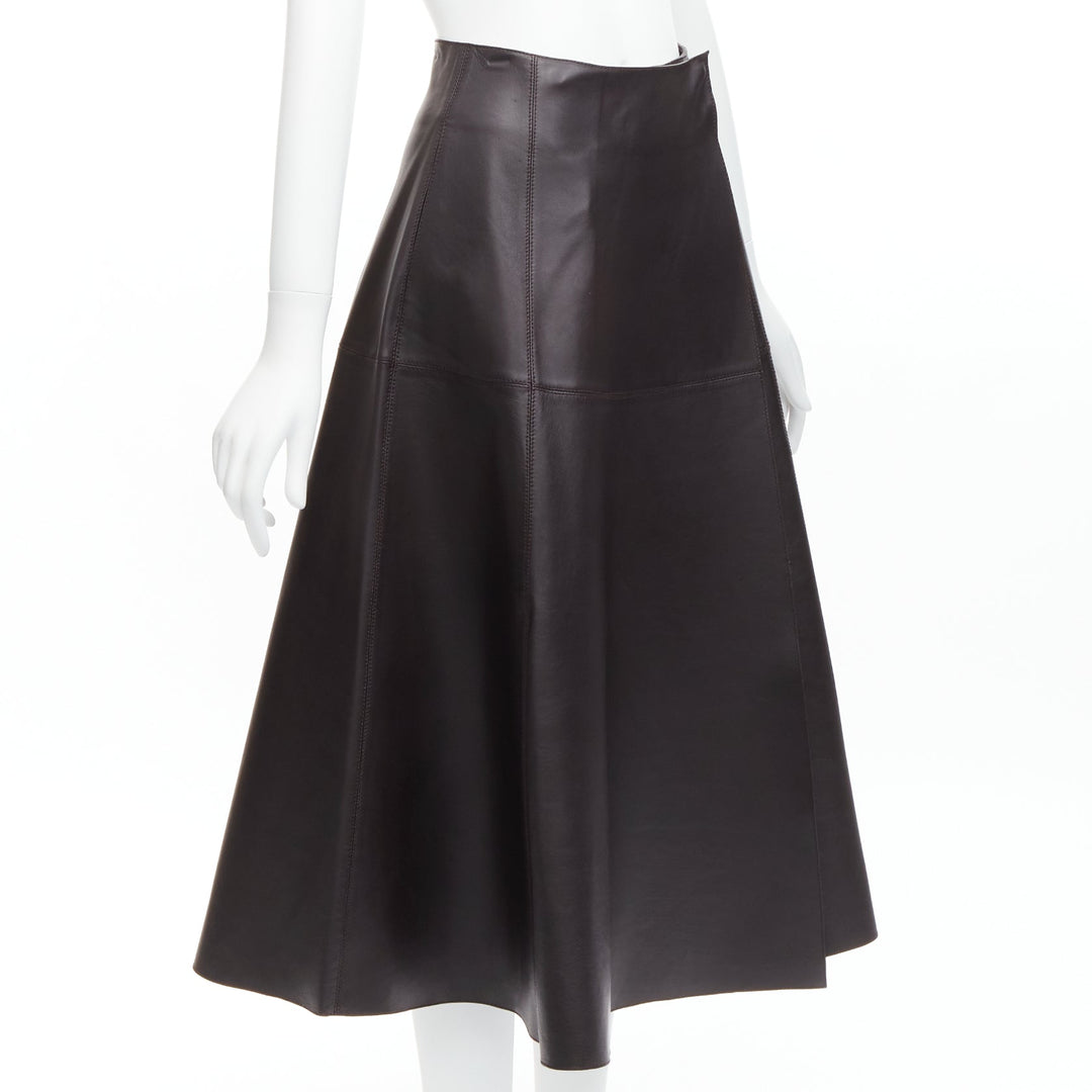 CRYSTAL WANG brown lambskin leather minimal panelled A-line midi skirt FR34 XS