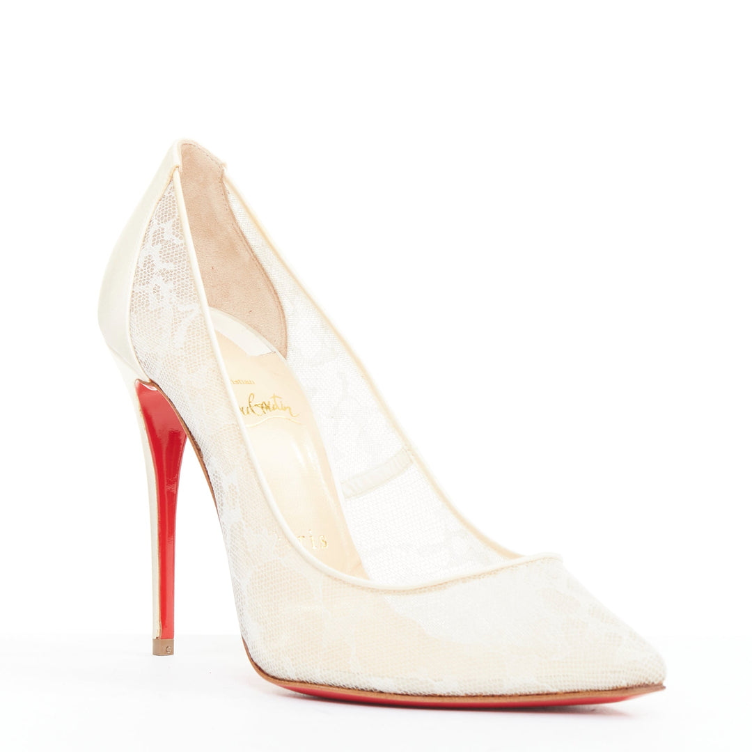 CHRISTIAN LOUBOUTIN Pigalace 100 Dentelle Nuage Crepe ivory satin heels EU37.5