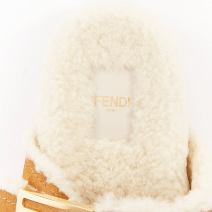 FENDI Feel tan brown suede shearling gold FF buckle sandal slides EU38