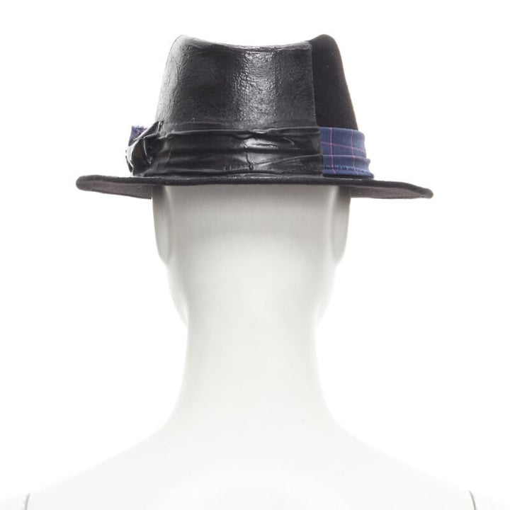 MAISON MICHEL black wool paint lacquered blue check ribbon fedora hat M 57cm