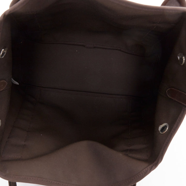 HERMES Sac de Panage Groom burgundy brown canvas logo tote bag