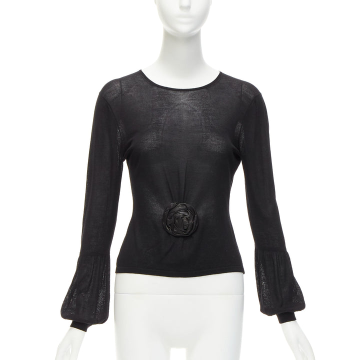 GUCCI Tom ford Vintage Runway black leather rosette puff sleeve sweater