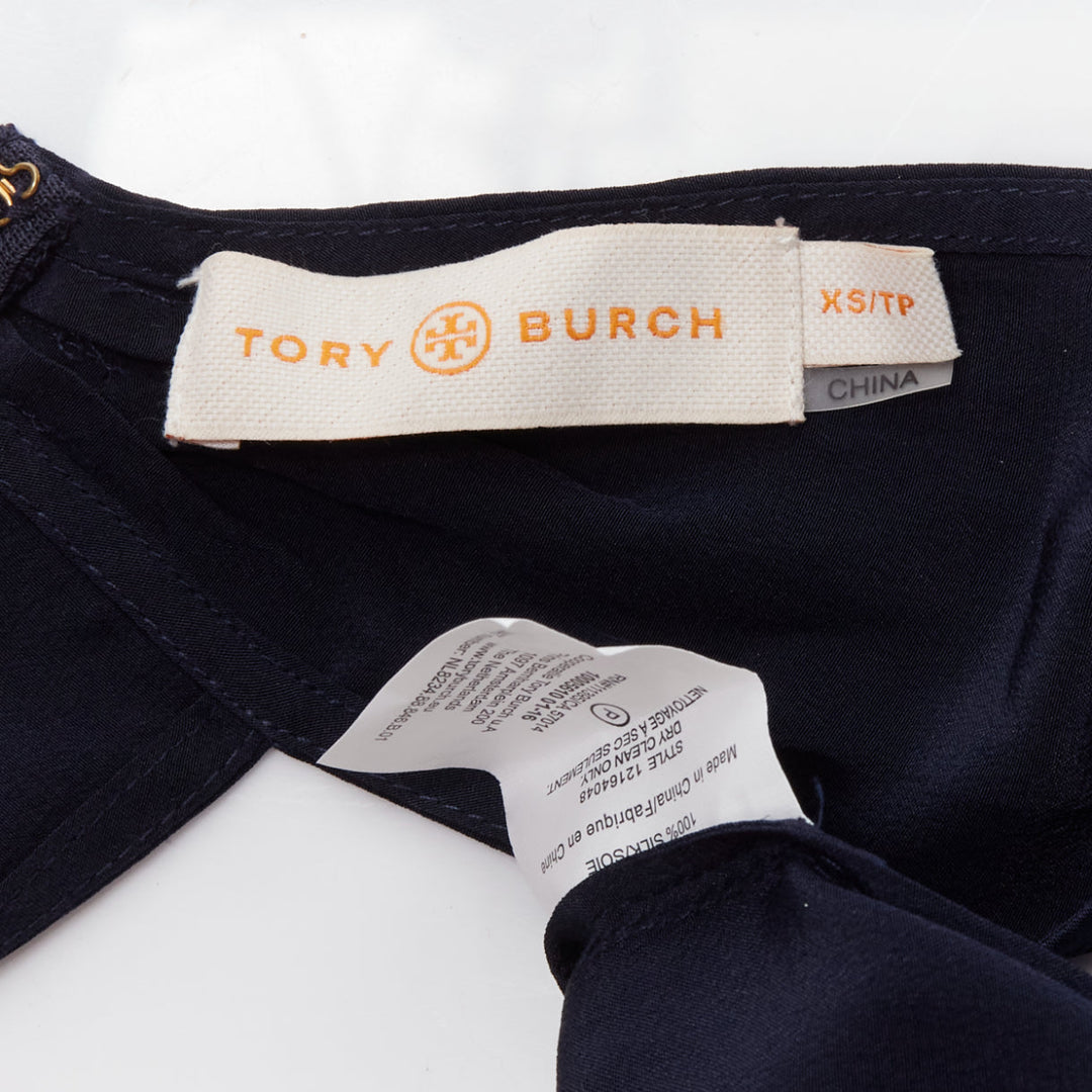 TORY BURCH 100% silk navy V neck wide leg wrap tie wide leg jumpsuit XS
