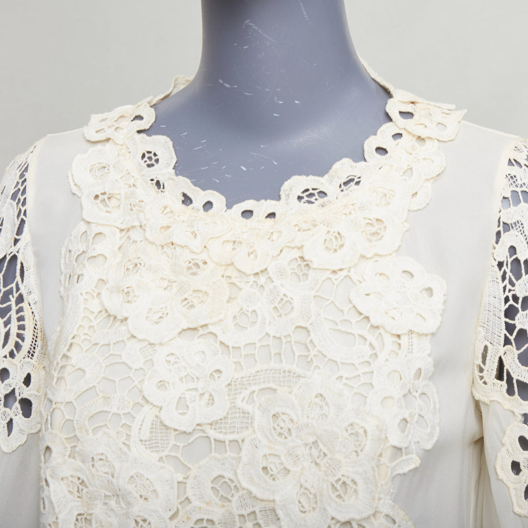 OSCAR DE LA RENTA cream 100% silk floral lace appliqu‚àö¬© peasant blouse US2 S