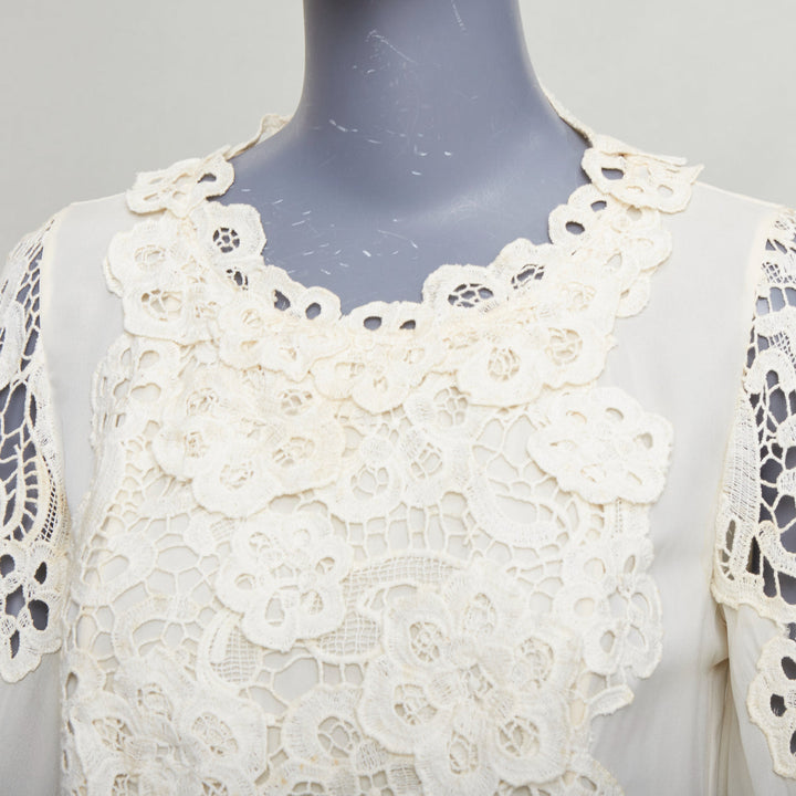 OSCAR DE LA RENTA cream 100% silk floral lace appliqu‚àö¬© peasant blouse US2 S