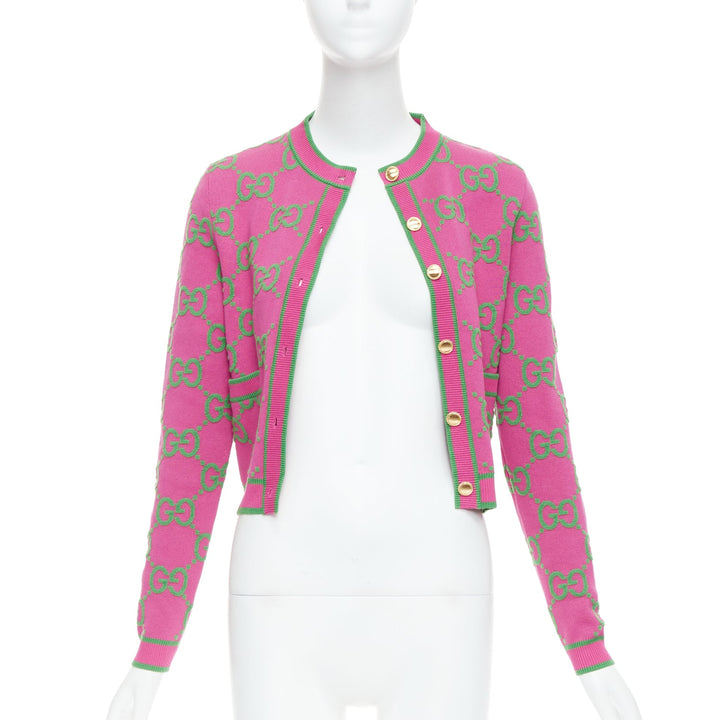 GUCCI 2023 pink green silk blend GG Jacquard crop cardigan XS