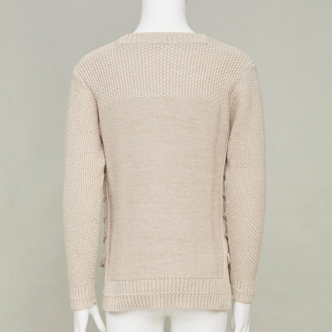 ISSEY MIYAKE beige oatt openwork yoke panels textured cotton sweater JP1 S