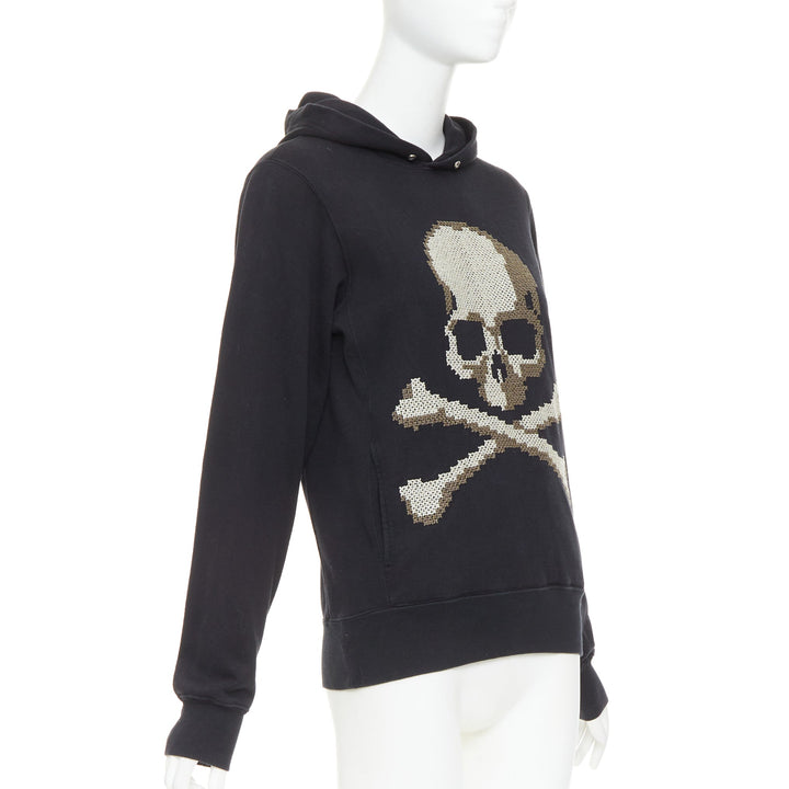 MASTERMIND JAPAN black cotton beige needlepoint embroidered skull hoodie JP3 L