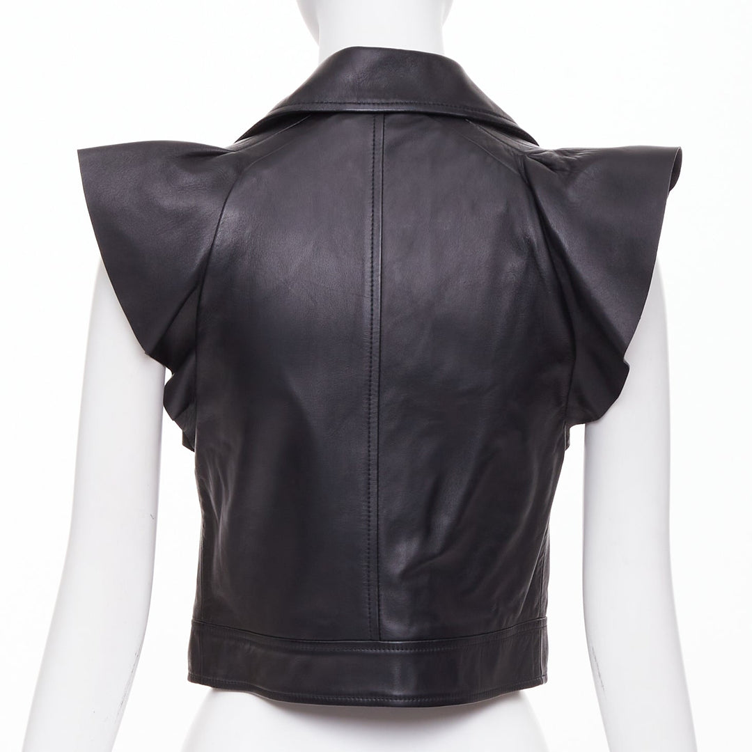 RED VALENTINO 2021  black lambskin leather ruffle biker vest jacket IT38 XS