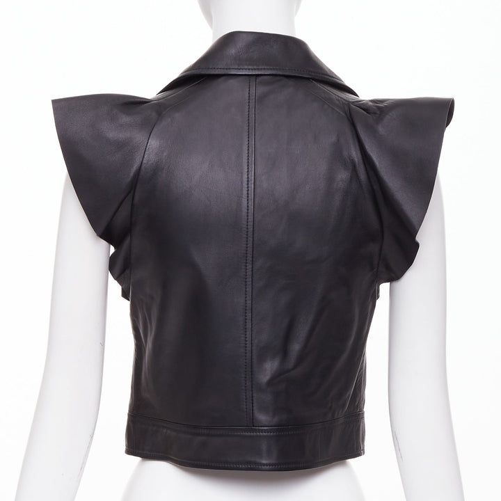 RED VALENTINO 2021  black lambskin leather ruffle biker vest jacket IT38 XS
