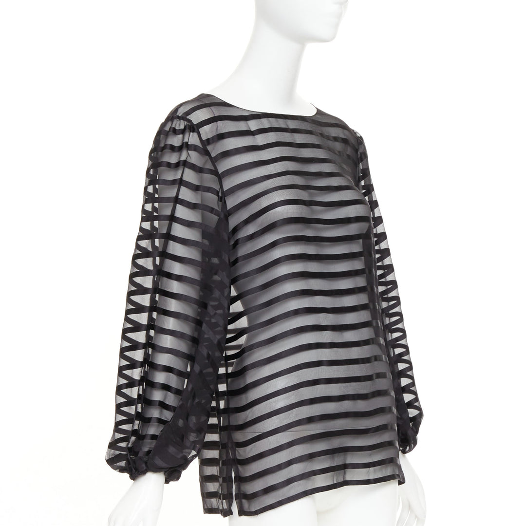 CHANEL black 100% silk sheer striped chiffon puff sleeve blouse FR36 S