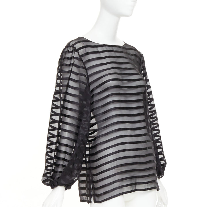 CHANEL black 100% silk sheer striped chiffon puff sleeve blouse FR36 S