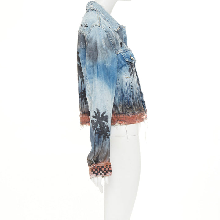 AMIRI 2017 Palm Tree Sunset airbrush blue distressed denim trucker jacket XS