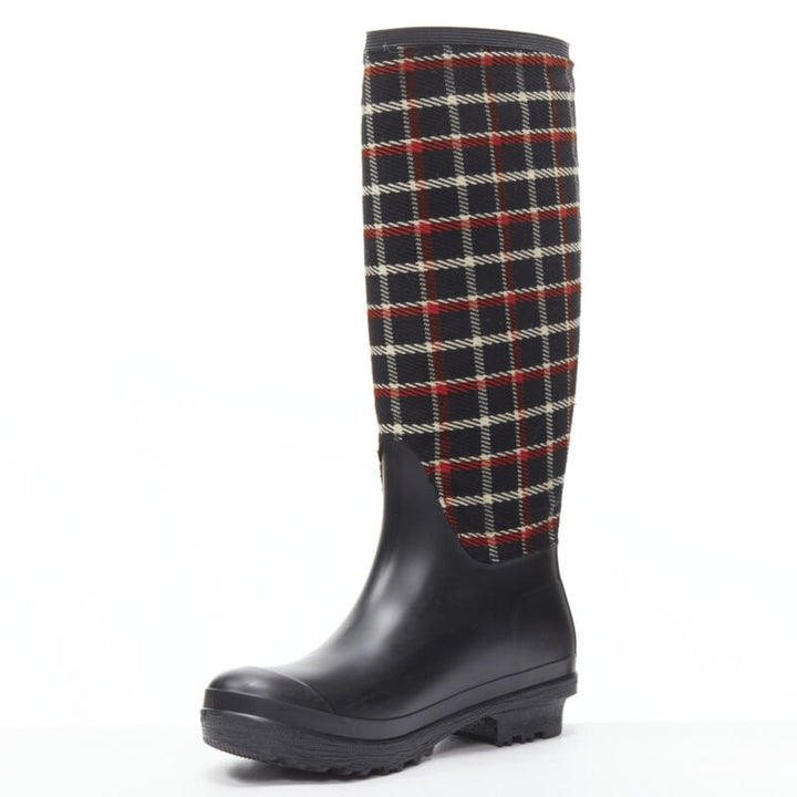 MONCLER red black plaid check black rubber wellington rain boots EU39